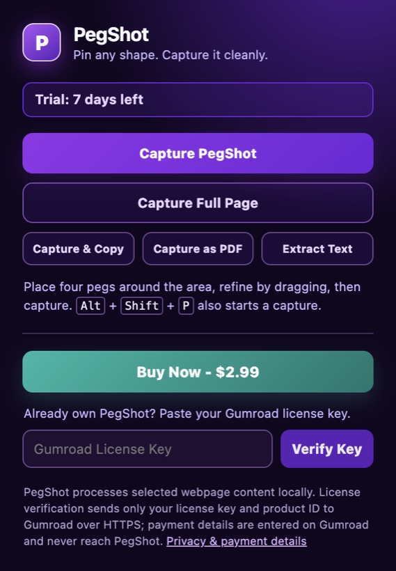 PegShot extension popup with capture, full-page, copy, PDF, and text options