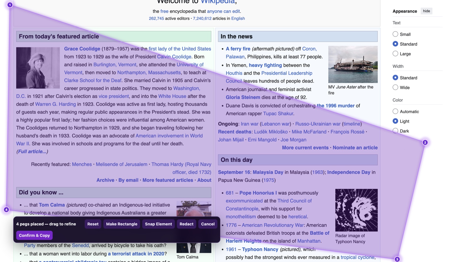 A Wikipedia page selected with four PegShot pins and a purple polygon boundary