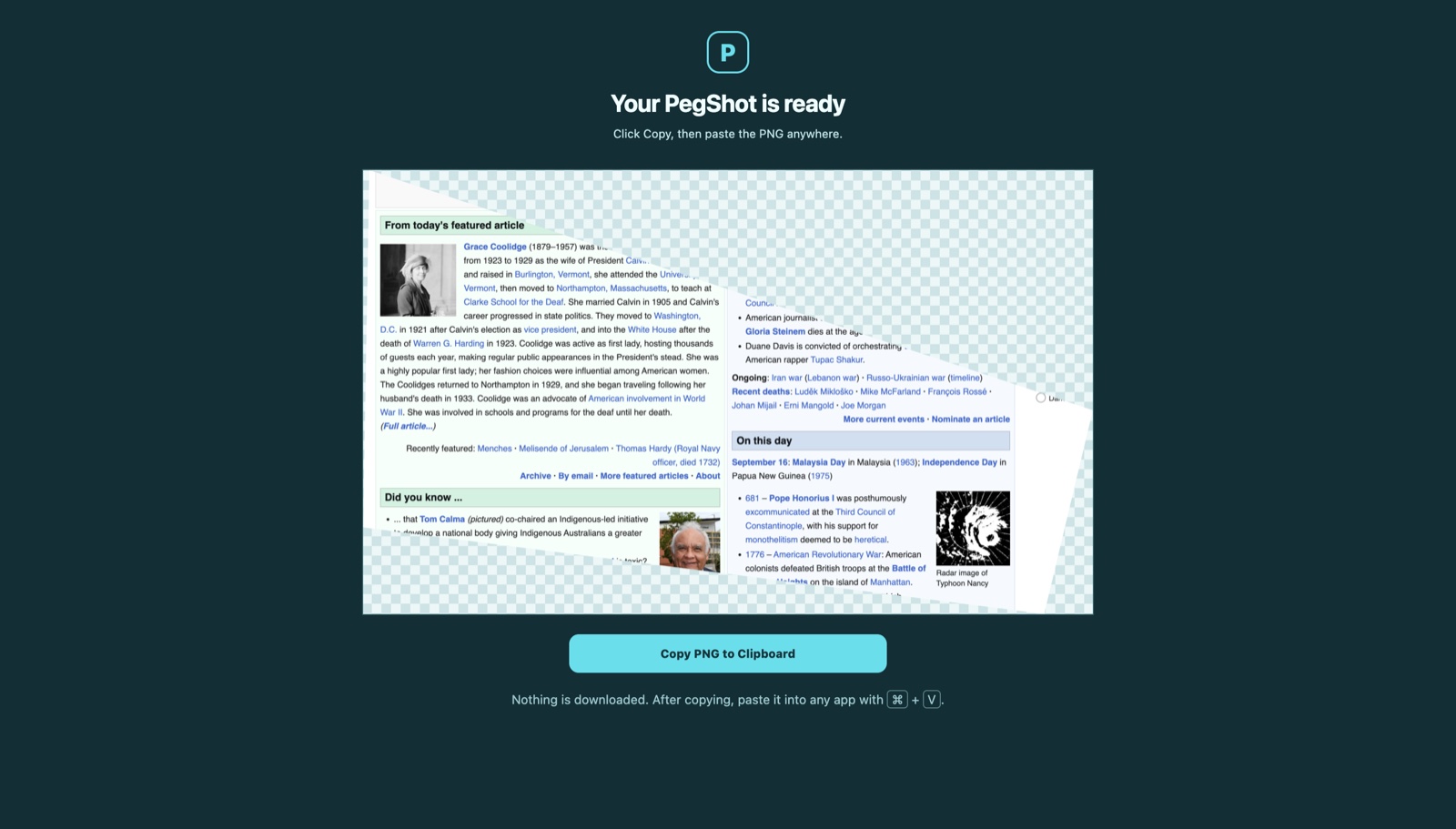 PegShot result screen with a polygonal image ready to copy to the clipboard
