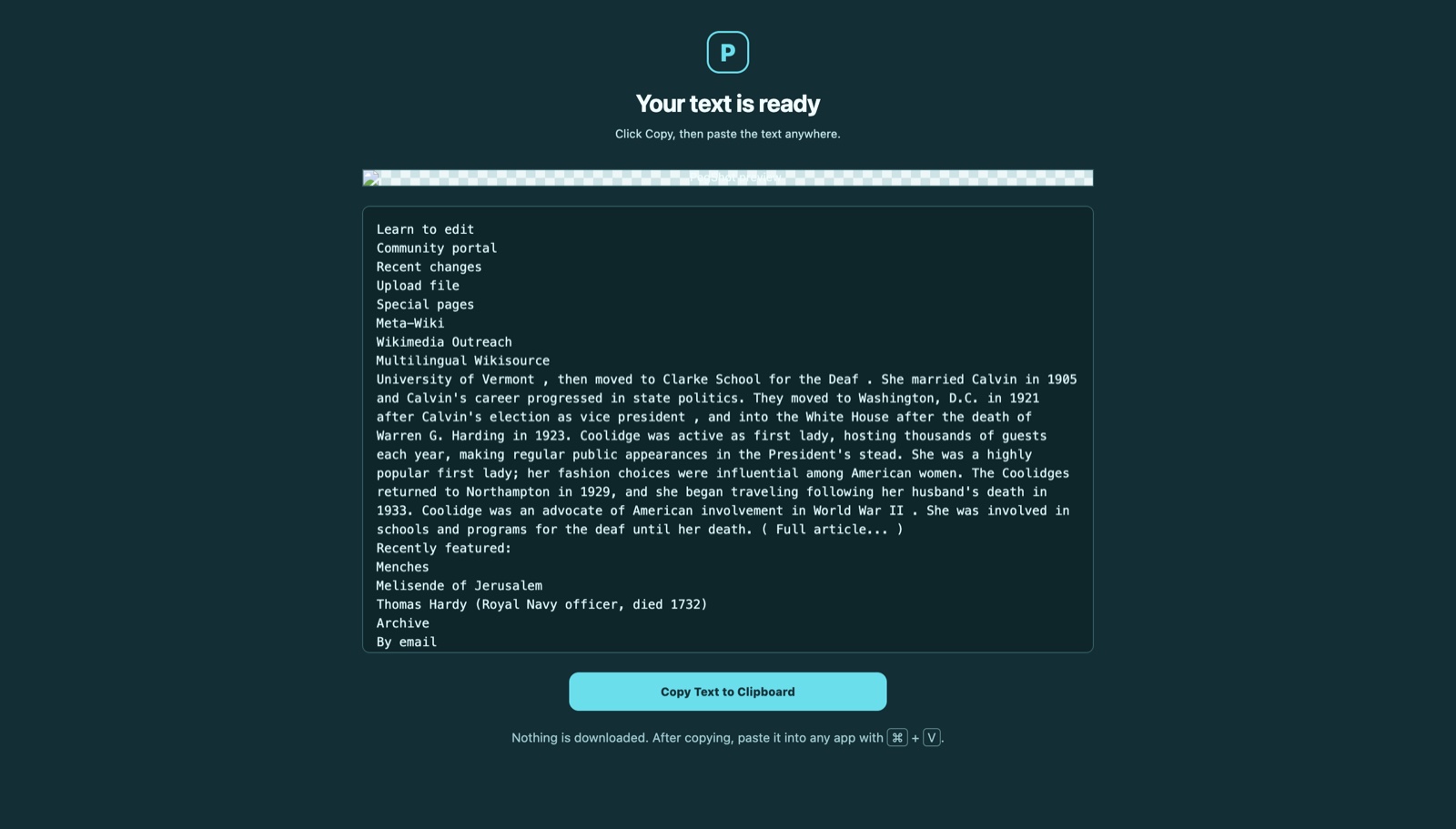 PegShot result screen showing extracted text ready to copy to the clipboard